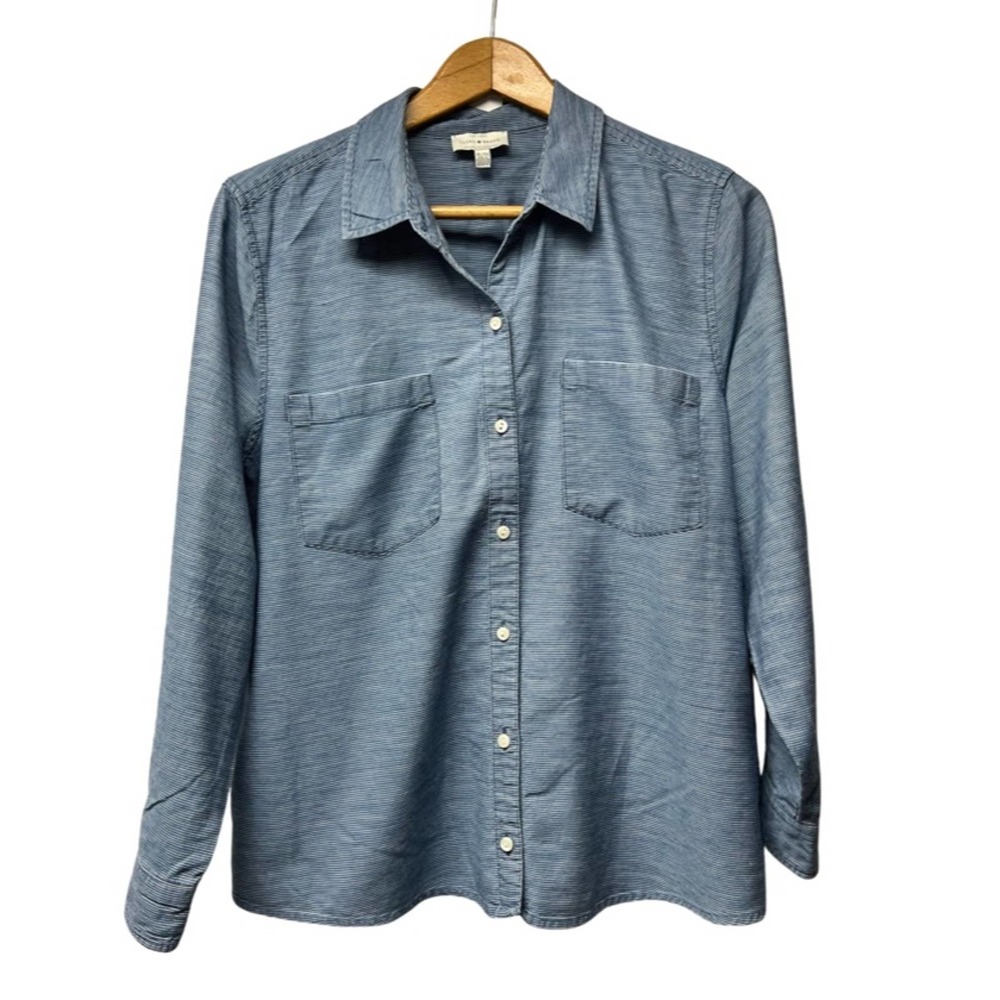 Lucky Brand Button Front Blue White Pinstripe Long Sleeve Blouse Size XL